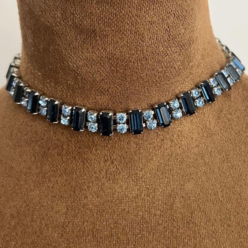 Vintage Blue Rhinestone Baguette Choker Necklace 15 Inch Silver Tone Gothic